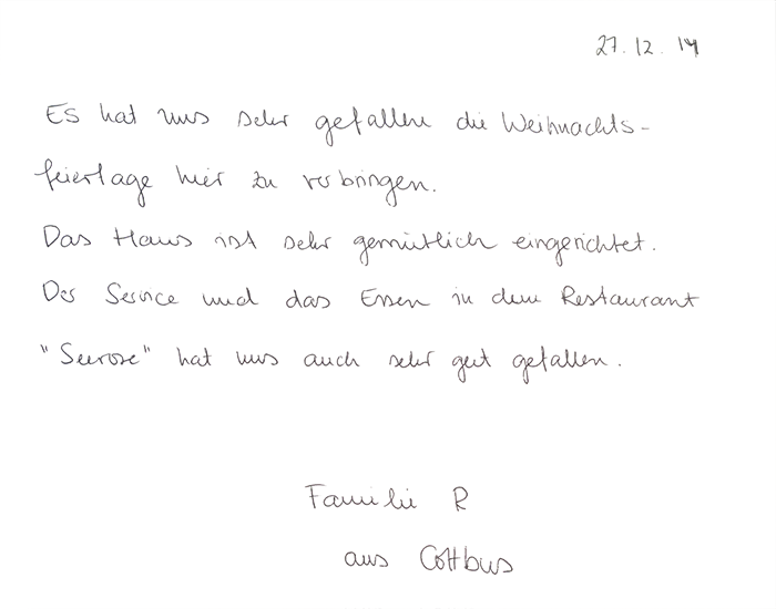 Gästebuch Ferienhaus 248 - Weihnachtsfeiertage im Ferienhaus